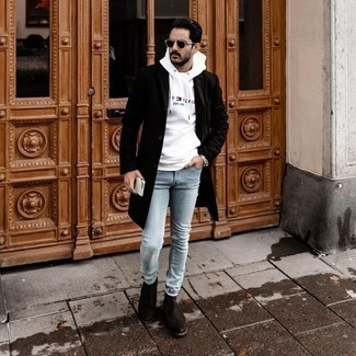 Light Blue Skinny Jeans Outfits For Men: This laid-back combination of a black overcoat and light blue skinny jeans is a goofproof option when you need to look good but have no extra time to spare. Add dark brown suede chelsea boots to the mix for an instant style lift.