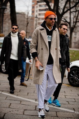 White Sweatpants Cold Weather Outfits For Men: Putting together a beige herringbone overcoat with white sweatpants is an awesome choice for a casual but on-trend look. On the shoe front, go for something on the relaxed end of the spectrum with white and black athletic shoes.