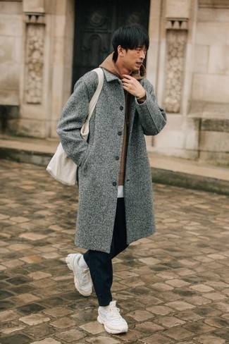 Grey Overcoat Outfits: For an ensemble that's street-style-worthy and effortlessly classic, pair a grey overcoat with navy chinos. Make white athletic shoes your footwear choice to switch things up.