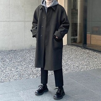Charcoal Overcoat Outfits: Wear a charcoal overcoat with charcoal chinos for relaxed refinement with a masculine twist. Get a little creative on the shoe front and lift up your outfit by sporting a pair of black leather derby shoes.