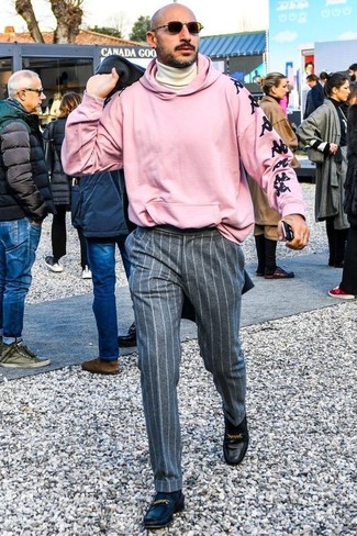 Men's Charcoal Overcoat, Pink Print Hoodie, Beige Turtleneck, Grey Vertical Striped Wool Dress Pants