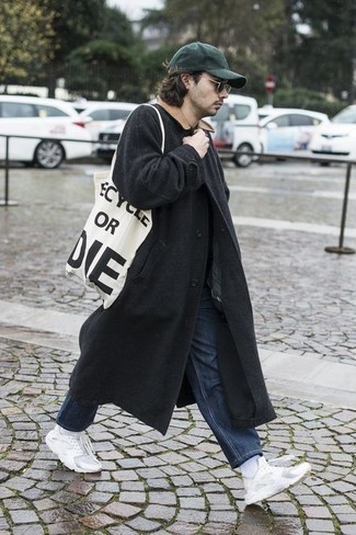 Men's Black Overcoat, Navy Jeans, White Athletic Shoes, White and Black Print Canvas Tote Bag