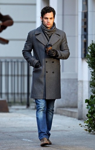 Men's Charcoal Overcoat, Blue Jeans, Brown Suede Desert Boots, Charcoal Scarf