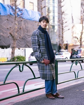 Men's Navy and Green Plaid Overcoat, Blue Jeans, Dark Brown Leather Oxford Shoes, Navy Scarf