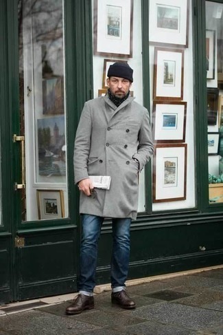 Men's Grey Overcoat, Navy Jeans, Dark Brown Leather Oxford Shoes, Black Beanie