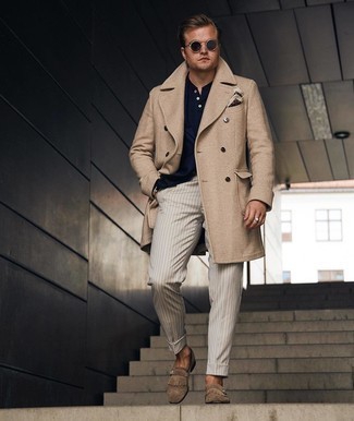 Camel Herringbone Overcoat Outfits: Such essentials as a camel herringbone overcoat and beige vertical striped chinos are an easy way to inject some manly sophistication into your day-to-day off-duty lineup. Hesitant about how to round off this outfit? Finish off with a pair of brown suede monks to amp up the classy factor.