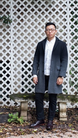 Men's Navy Overcoat, White Long Sleeve Shirt, Black Chinos, Dark Purple Leather Casual Boots