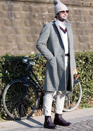 Men's White and Navy Overcoat, Light Blue Long Sleeve Shirt, Beige Chinos, Dark Purple Leather Casual Boots