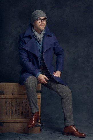 Men's Navy Overcoat, Blue Chambray Long Sleeve Shirt, Grey Wool Chinos, Brown Leather Brogue Boots