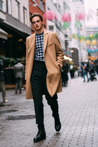 Black Socks Cold Weather Outfits For Men: Pair a camel overcoat with black socks for a relaxed twist on day-to-day combinations. Jazz up this look with a more refined kind of shoes, like this pair of black leather casual boots.