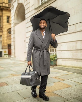 Men's Charcoal Overcoat, White Long Sleeve Shirt, Black Chinos, Black Leather Chelsea Boots