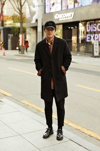 Men's Black Overcoat, Brown Long Sleeve Shirt, Black Chinos, Black Leather Derby Shoes