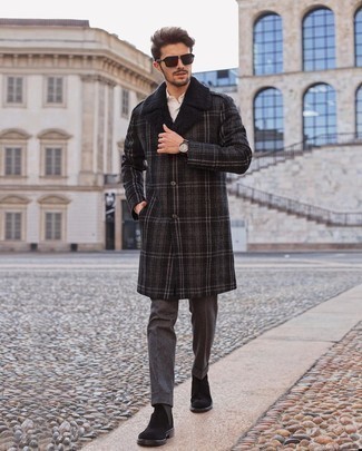 Grey Wool Chinos Outfits: This ensemble demonstrates that it is totally worth investing in such menswear must-haves as a charcoal plaid overcoat and grey wool chinos. A pair of black suede chelsea boots effortlessly ramps up the fashion factor of any outfit.