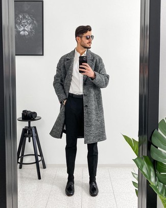 Charcoal Leather Belt Outfits For Men: Why not dress in a charcoal overcoat and a charcoal leather belt? As well as super functional, both items look amazing when worn together. And if you wish to easily up the ante of your outfit with a pair of shoes, enter black leather tassel loafers into the equation.