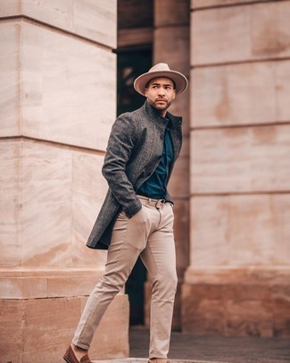 Overcoat Outfits: Go for a straightforward yet seriously stylish outfit combining an overcoat and khaki chinos. Feel somewhat uninspired with this look? Invite brown suede loafers to jazz things up.
