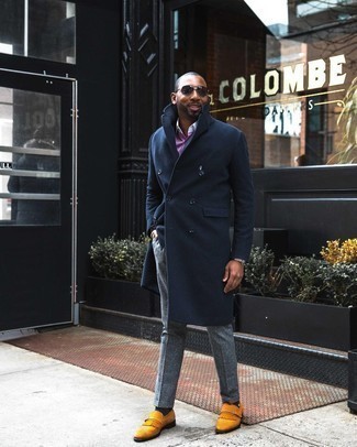 Monks Warm Weather Outfits: For a look that's street-style-worthy and casually sleek, pair a navy overcoat with grey vertical striped wool chinos. Feel uninspired with this look? Introduce monks to jazz things up.