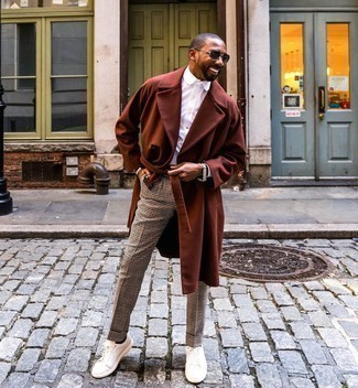 No Show Socks Outfits For Men: This city casual combo of a brown overcoat and no show socks couldn't possibly come across other than devastatingly dapper. If not sure as to the footwear, go with a pair of white canvas low top sneakers.