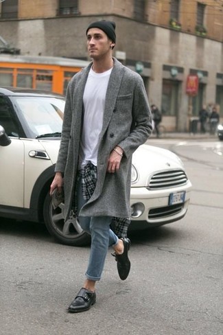 Grey Plaid Long Sleeve Shirt Outfits For Men: Pairing a grey plaid long sleeve shirt with grey skinny jeans is a nice option for an off-duty but on-trend ensemble. Not sure how to finish your outfit? Wear black leather double monks to class it up.