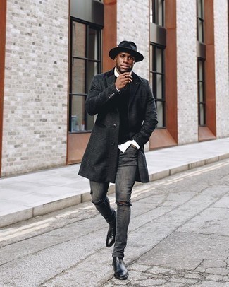 Grey Ripped Jeans Outfits For Men: You'll be surprised at how super easy it is for any guy to pull together an edgy look like this. Just a black plaid overcoat and grey ripped jeans. A nice pair of black leather chelsea boots is an effortless way to give an extra dose of style to your getup.
