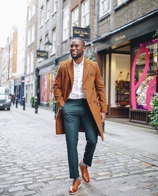Tobacco Overcoat Outfits: Teaming a tobacco overcoat and teal dress pants will hallmark your expert styling. Tobacco leather oxford shoes tie the ensemble together.