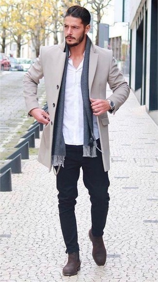 Charcoal Scarf Outfits For Men: Want to inject your closet with some casual city style? Consider teaming a beige overcoat with a charcoal scarf. Rounding off with dark brown suede chelsea boots is a simple way to introduce a bit of classiness to this ensemble.