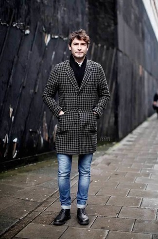 Men's Grey Houndstooth Overcoat, White Long Sleeve Shirt, Blue Jeans, Black Leather Casual Boots