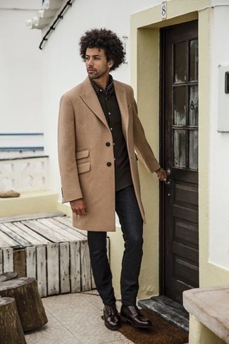 Bandana Outfits For Men: This combo of a camel overcoat and a bandana is solid proof that a pared down casual look can still look really interesting. To give your look a sleeker twist, why not add a pair of burgundy leather derby shoes to the equation?