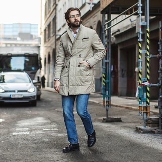 Men's Beige Quilted Overcoat, White Long Sleeve Shirt, Blue Jeans, Black Leather Tassel Loafers
