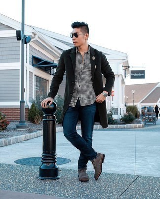 Men's Black Overcoat, White and Black Gingham Long Sleeve Shirt, Navy Jeans, Dark Brown Suede Casual Boots