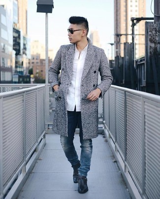 Dark Green Sunglasses Outfits For Men: If you prefer comfort dressing, why not wear this pairing of a grey herringbone overcoat and dark green sunglasses? Feeling transgressive today? Spice things up by slipping into a pair of black leather chelsea boots.
