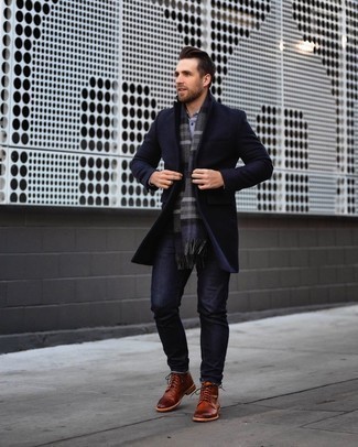 Men's Navy Overcoat, White and Navy Print Long Sleeve Shirt, Navy Jeans, Tobacco Leather Casual Boots