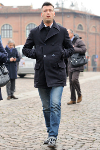 Blue Ripped Jeans Outfits For Men: Want to inject your menswear collection with some effortless cool? Wear a black overcoat with blue ripped jeans. For something more on the classier side to finish this getup, complement this outfit with black leather chelsea boots.