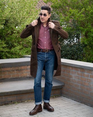 Dark Brown Overcoat Outfits: Bump up your fashion game in this combination of a dark brown overcoat and navy jeans. Let your sartorial sensibilities truly shine by completing this look with a pair of dark brown leather casual boots.