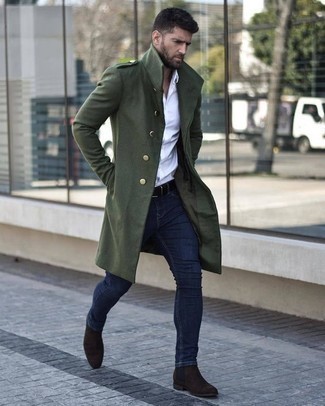 Olive Overcoat Outfits: Pairing an olive overcoat with navy skinny jeans is an amazing option for a casual look. If you need to easily step up your outfit with shoes, introduce a pair of dark brown suede chelsea boots to the mix.