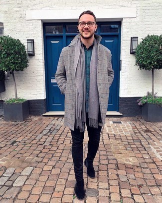 Grey Plaid Overcoat Outfits: To don a laid-back ensemble with a clear fashion twist, wear a grey plaid overcoat and black skinny jeans. Bump up the dressiness of your look a bit by slipping into black suede chelsea boots.