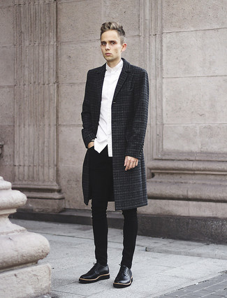 Men's Charcoal Plaid Overcoat, White Long Sleeve Shirt, Black Skinny Jeans, Black Leather Derby Shoes