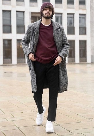 Red Beanie Outfits For Men: If you're looking for a laid-back but also seriously stylish outfit, try pairing a grey overcoat with a red beanie. Balance out this ensemble with a more casual kind of footwear, such as this pair of white athletic shoes.