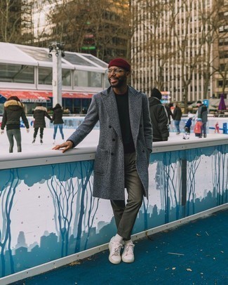 Red Beanie Outfits For Men: This combination of a grey overcoat and a red beanie will cement your expertise in menswear styling even on weekend days. If you're puzzled as to how to round off, introduce white canvas low top sneakers to the equation.