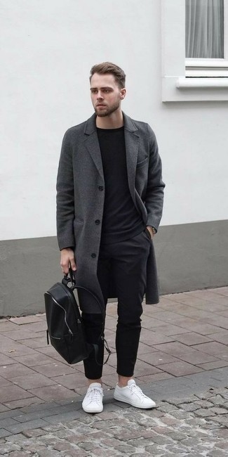 Black Leather Backpack Outfits For Men: Why not team a charcoal overcoat with a black leather backpack? As well as totally comfortable, both pieces look awesome matched together. Our favorite of a myriad of ways to complete this look is with white leather low top sneakers.