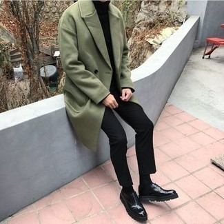 Black Chunky Leather Oxford Shoes Outfits: For an outfit that's nothing less than wow-worthy, pair an olive overcoat with black chinos. Change up your outfit with a sleeker kind of shoes, such as this pair of black chunky leather oxford shoes.