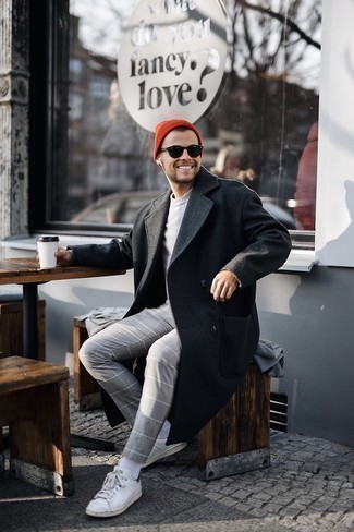 Charcoal Overcoat Outfits: For an outfit that's worthy of a modern sartorially savvy gent and effortlessly smart, make a charcoal overcoat and grey check chinos your outfit choice. Add white and black leather low top sneakers to the equation to keep the ensemble fresh.