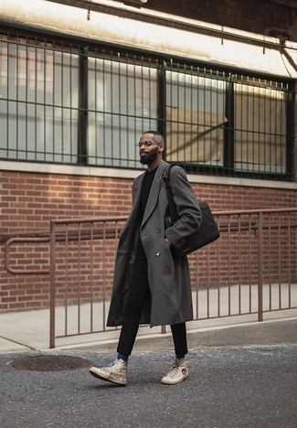 Charcoal Overcoat Outfits: The combo of a charcoal overcoat and black chinos makes this a really well-executed look. And if you want to effortlessly tone down this look with shoes, why not complete this ensemble with beige print canvas high top sneakers?