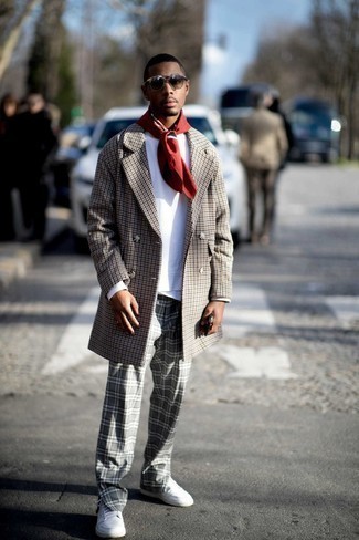 Burgundy Print Scarf Outfits For Men: Make a grey houndstooth overcoat and a burgundy print scarf your outfit choice, if you feel like comfort dressing without looking like you don't care to look dapper. Here's how to inject a dash of refinement into this getup: white leather low top sneakers.