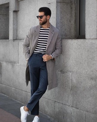 Grey Vertical Striped Overcoat Outfits: A grey vertical striped overcoat and charcoal check dress pants are essential in any modern gentleman's closet. You could perhaps get a bit experimental in the shoe department and complement your look with white leather low top sneakers.