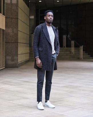 Men's Navy Overcoat, White Long Sleeve T-Shirt, Navy Dress Pants, White Canvas Low Top Sneakers