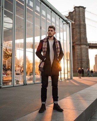 Black Check Overcoat Outfits: A black check overcoat and black jeans: here it is, the ensemble of your sartorial dreams. Dark brown suede desert boots are a smart pick to complement this getup.