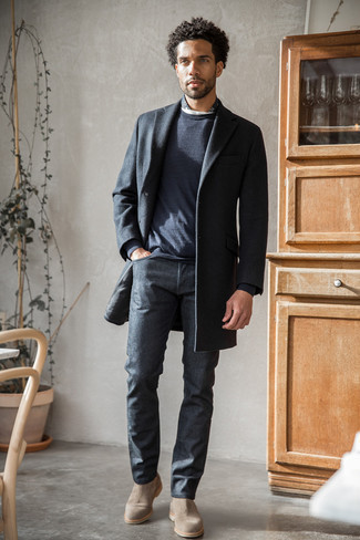Men's Charcoal Overcoat, Navy Long Sleeve T-Shirt, Charcoal Jeans, Tan Suede Chelsea Boots