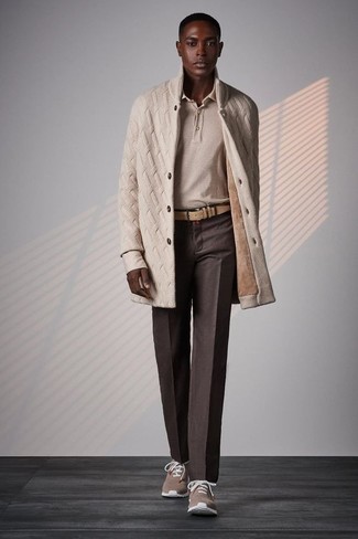 Men's Beige Overcoat, Beige Polo, Dark Brown Chinos, Brown Athletic Shoes