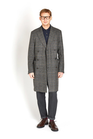 Plaid Single Breasted Overcoat Gray