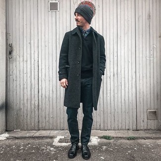 Charcoal Jeans Outfits For Men: Combining a charcoal overcoat with charcoal jeans is a good choice for a smart casual getup. For something more on the elegant end to finish off this ensemble, complete this look with black leather derby shoes.
